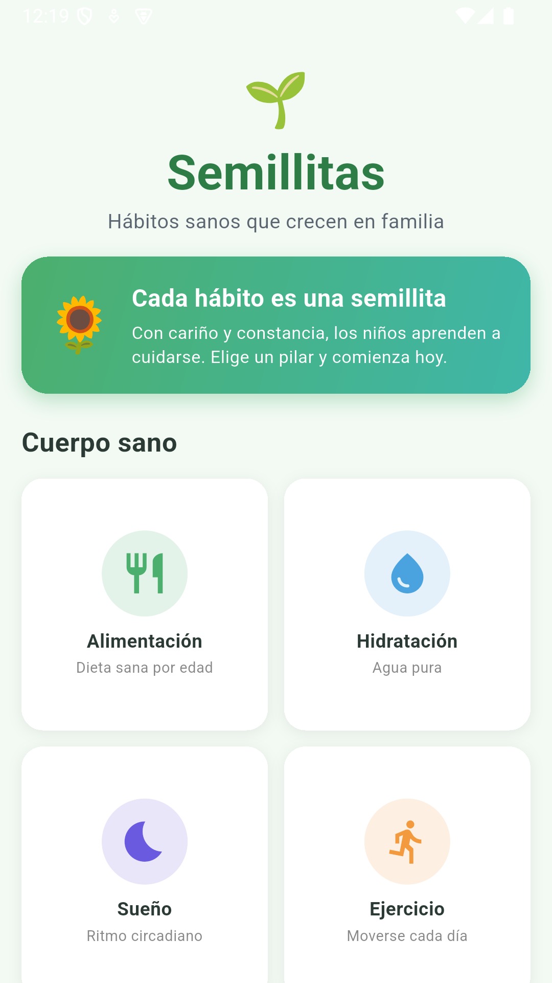 Pantalla de inicio de Semillitas